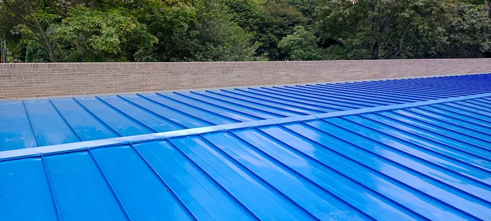 Cubierta azul con caballete entre árboles